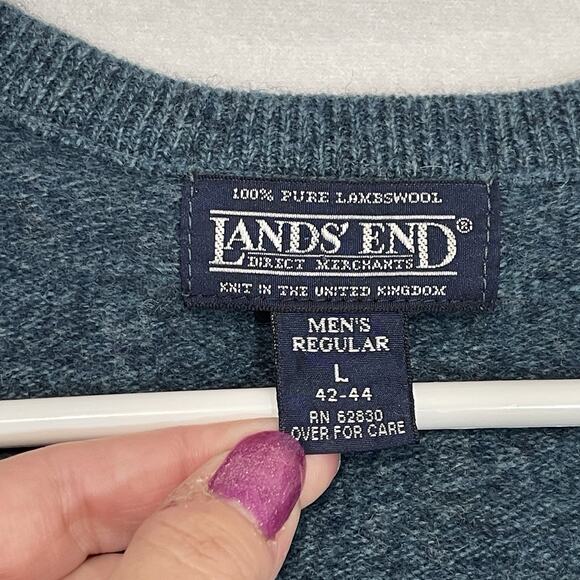 Lands End Vintage V-Neck Sweater Mens Large Blue 100% Lambswool Grandpa Cottage - Picture 7 of 10